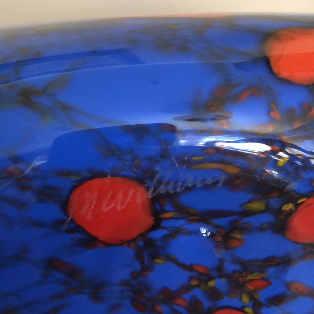 Maureen Williams Signed Australian Studio Art Glass Blue Orange Moon Vase 8" - Picture 6 of 9